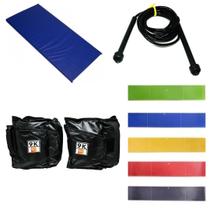 Kit Colchonete Azul + Par Caneleira 9kg+ 5 Mini Band + Corda