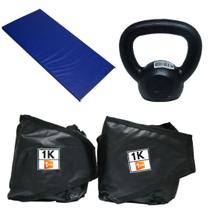 Kit Colchonete Azul + Par de Caneleira 1Kg + kettlebell Pintado 4kg