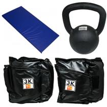 Kit Colchonete Azul + Par de Caneleira 3Kg + kettlebell Pintado 18kg