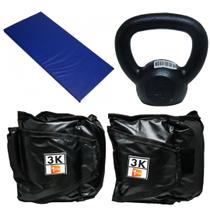 Kit Colchonete Azul+ Par de Caneleira 3Kg + kettlebell Pintado 4kg