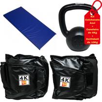 Kit Colchonete Azul + Par de Caneleira 4Kg + kettlebell Pintado 10kg