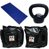 Kit Colchonete Azul + Par de Caneleira 4Kg + kettlebell Pintado 4kg