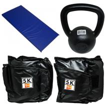 Kit Colchonete Azul+Par de Caneleira 5Kg+kettlebell Pintado 12kg