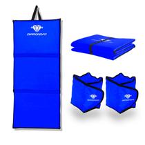 Kit Colchonete Dobrável D50 Academia Maleta + Par de Caneleira 3Kg Musculação Fitness Tornozeleira Azul