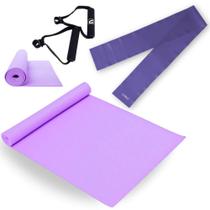 Kit Colchonete Lilas 1,73 M Pilates + Par de Pegador para Faixa + Faixa Elastica Tensao Media Yoga Liveup Sports