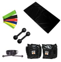 Kit Colchonete Preto + Par de Caneleira 3kgs + Par de Halter Bola Pintado 3kg + 5 Mini Band Elástico + Corda de Pular