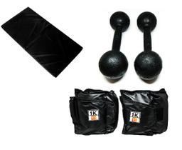 Kit Colchonete Preto + Par de Caneleira Tornozeleira De Peso 1kgs Profissional + Par de Halter Bola Pintado 10kg