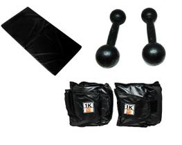 Kit Colchonete Preto + Par de Caneleira Tornozeleira De Peso 1kgs Profissional + Par de Halter Bola Pintado 3kg
