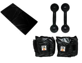 Kit Colchonete Preto + Par de Caneleira Tornozeleira De Peso 1kgs Profissional + Par de Halter Bola Pintado 6kg