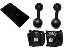 Kit Colchonete Preto + Par de Caneleira Tornozeleira De Peso 1kgs Profissional + Par de Halter Bola Pintado 7kg