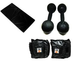 Kit Colchonete Preto + Par de Caneleira Tornozeleira De Peso 1kgs Profissional + Par de Halter Bola Pintado 9kg