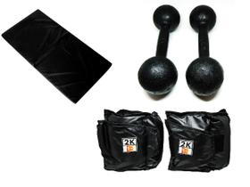 Kit Colchonete Preto + Par de Caneleira Tornozeleira De Peso 2kgs Profissional + Par de Halter Bola Pintado 10kg