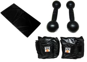 Kit Colchonete Preto + Par de Caneleira Tornozeleira De Peso 2kgs Profissional + Par de Halter Bola Pintado 2kg - 1 Fit