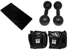 Kit Colchonete Preto + Par de Caneleira Tornozeleira De Peso 2kgs Profissional + Par de Halter Bola Pintado 5kg