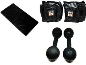 Kit Colchonete Preto + Par de Caneleira Tornozeleira De Peso 2kgs Profissional + Par de Halter Bola Pintado 9kg