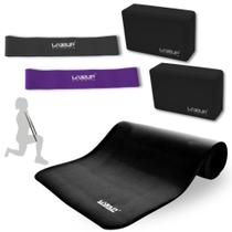 Kit Colchonete Preto para Pilates + 2 Mini Bands + 2 Blocos de Apoio Liveup Sports