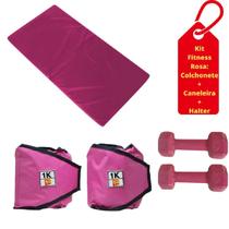 Kit Colchonete Rosa+ Par de Caneleira 1kg + Par de Halter Emborrachado Sextavado 2kg