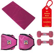 Kit Colchonete Rosa+ Par de Caneleira 2kg + Par de Halter Emborrachado Sextavado 3kg