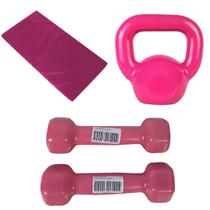 Kit Colchonete Rosa + Par de Halter Sextavado Rosa 1Kg + Kettlebell Rosa 4Kgs