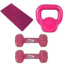 Kit Colchonete Rosa + Par de Halter Sextavado Rosa 3Kg + Kettlebell Rosa 4Kgs