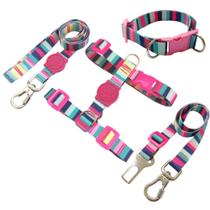 Kit Coleira Peitoral H Anti-puxão Guia e Cinto Cachorro Rosa