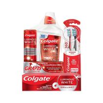 Kit Colgate Luminous White Creme dental 140g + Escova Advanced 2Un + Pack Enxaguante bucal e Creme Dental