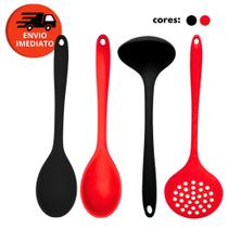 Kit Colher Arroz Concha Feijão Caldo Escumadeira Universal Silicone Maciço Resistente Panelas Teflon