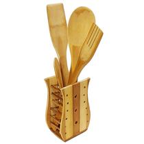 Kit Colher Bambu Culinário Pau Suporte Utensílios Cozinha Natural Ecológico Conjunto - Bambu Tulipa