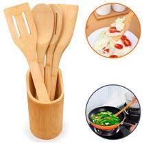 Kit Colher De Bambu Biodegradável 5 Utensílios (4 talheres + suporte) Peças Anti Fungos Casa Cozinha Colheres
