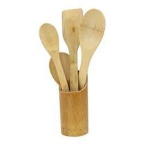 Kit Colher De Bambu Utilitário Com Suporte 5 Pçs