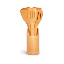 Kit Colher de Pau Utensílios de Cozinha em Bambu 6 Peças e Suporte