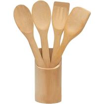 Kit Colher De Pau Utensílios Em Bambu 5 Peças com Suporte Kit Colher De Pau Utensílios Em Bambu 5 Peças com Suporte