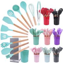 Kit Colher De Silicone Jogo 12 Peças Com Suporte Utensílios De Cozinha Colheres Cabo Madeira - Nibus