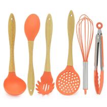 Kit Colher Fue 6 Utensílios de Silicone e madeira Laranja