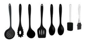 Kit Colheres De Silicone Preto Cabo Maciço 8pçs Utensílios Cozinha