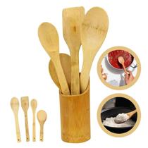Kit colheres pau bambu com suporte utensílios cozinha 5pçs Kit colheres pau bambu com suporte utensílios cozinha 5pçs