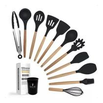 Kit Colheres Silicone + Copo 12 Pçs Cabo Madeira CS11