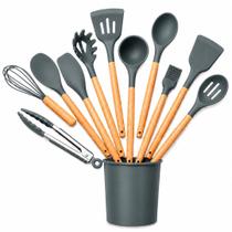 Kit Colheres Silicones 12 Peças Copo Colher Espátula Concha Suporte Cozinha Cabo Madeira