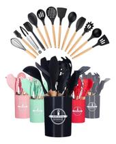 Kit Colheres Silicones 12 Peças Silicone C/ Suporte Bambu Kit Colheres Silicones 12 Peças Silicone C/ Suporte Bambu