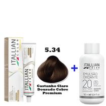Kit Coloração Itallian Premium 60g Castanho Claro Dourado Cobre 5.34 + Emulsão Oxi 20vol.x 90ml.