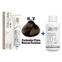 Kit Coloração Itallian Premium 60g Castanho Claro Marrom 5.7 + Emulsão Oxi 20vol.x 90ml.