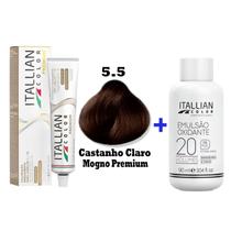 Kit Coloração Itallian Premium 60g Castanho Claro Mogno 5.5 + Emulsão Oxi 20vol.x 90ml. Kit Coloração Itallian Premium 60g Castanho Claro Mogno 5.5 + Emulsão Oxi 20vol.x 90ml.