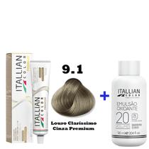 Kit Coloração Itallian Premium 60g Louro Clarissimo Cinza 9.1 + Emulsão Oxi 20vol.x 90ml.