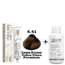 Kit Coloração Itallian Premium 60g Louro Escuro Cobre Cinza 6.41 + Emulsão Oxi 20vol.x 90ml.