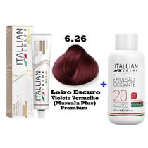 Kit Coloração Itallian Premium 60g Louro Escuro Violeta Vermelho 6.26 (Marsala Plus) + Emulsão Oxi 20vol.x100ml. Kit Coloração Itallian Premium 60g Louro Escuro Violeta Vermelho 6.26 (Marsala Plus) + Emulsão Oxi 20vol.x100ml.