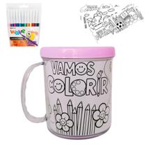 Kit Colorir Caneca Acrílica 350ml+ 12 canetinhas + 4 desenho