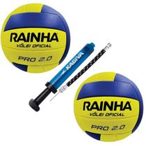 Kit Com 02 Bola De Vôlei Rainha 2.0 Pró Costurada + 01 Bomba De Ar Kagiva Dupla Ação