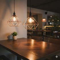 Kit com 02 Luminarias Pendente Aramado Modelo Diamante Retrô Bivolt 110v 220v Cor Cobre