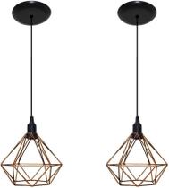 Kit com 02 Luminarias Pendente Aramado Modelo Diamante Rose Gold Com Fio Preto