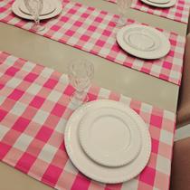 Kit Com 02 Trilhos Caminho De Mesa 1,40 X 0,40 Oxford Xadrez Rosa